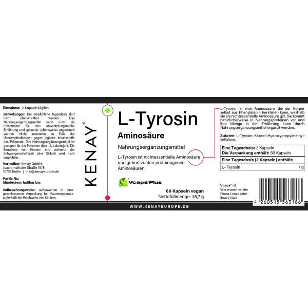 L-Tyrosin Aminosäure 60 Kapseln | Nahrungsergänzungsmittel | KENAY®